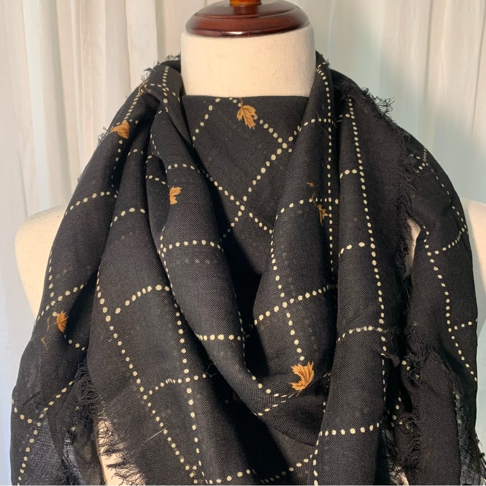 Bill Blass‎ 100% Wool Black Grid Brown Leaves Scarf Vintage